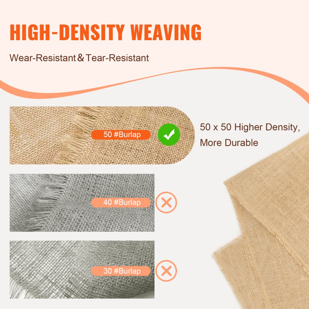 VEVOR Jute Stoff, Sackleinen-Stoffrolle, 50x50 hochdichte breite natürliche Sackleinen-Stoffrollen, 914mmx45,7m, für Dekoration, Handwerk, Hochzeit, Gartenarbeit, Pflanzen- & Baumwinterabdeckung