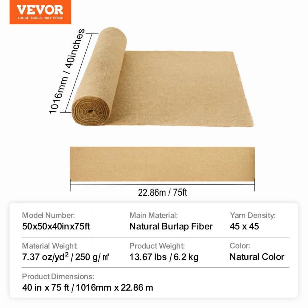 VEVOR Jute Stoff, Sackleinen-Stoffrolle, 50x50 hochdichte breite natürliche Sackleinen-Stoffrollen, 1016mmx22,86m, für Dekoration, Handwerk, Hochzeit, Gartenarbeit, Pflanzen- & Baumwinterabdeckung