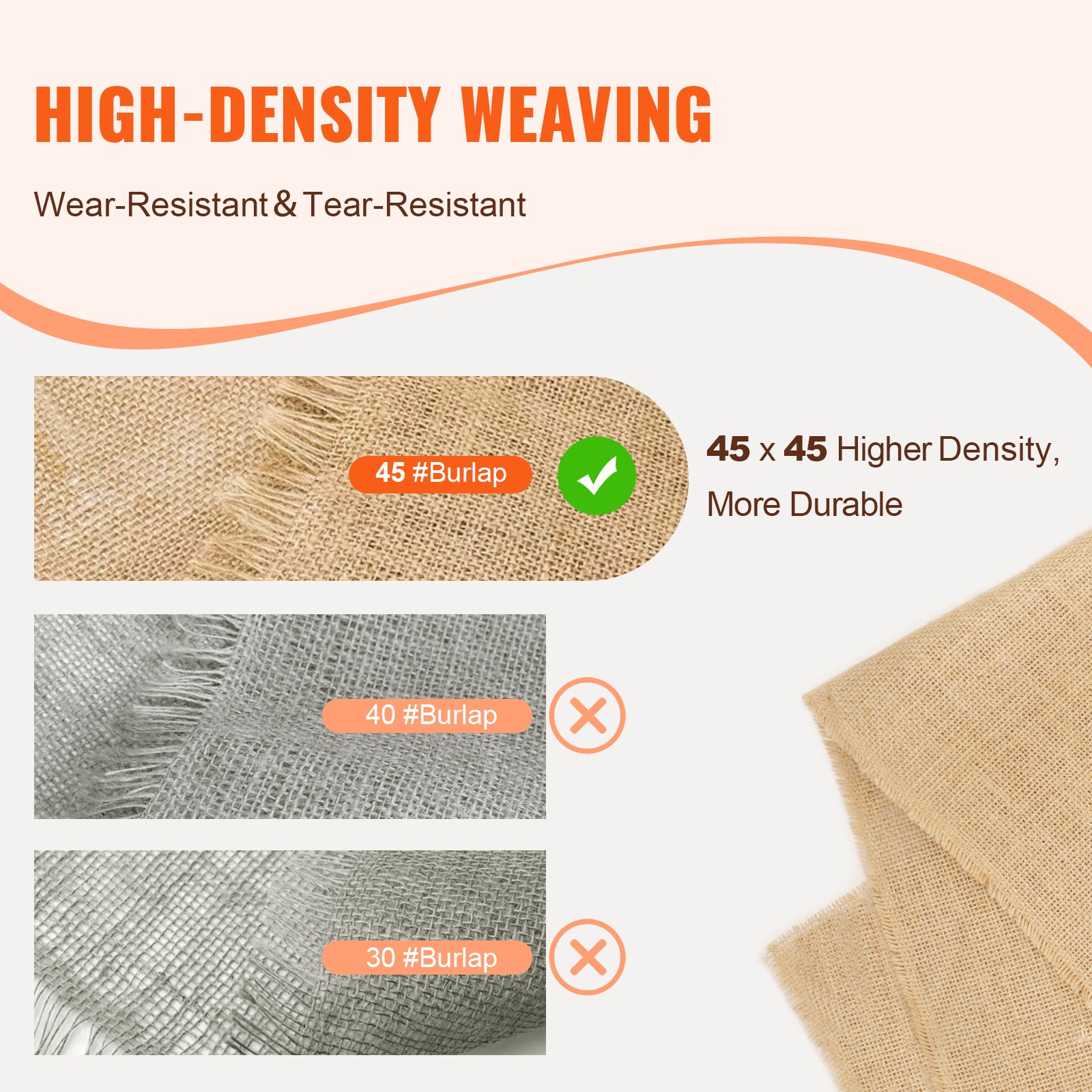 VEVOR Jute Stoff, Sackleinen-Stoffrolle, 50x50 hochdichte breite natürliche Sackleinen-Stoffrollen, 1016mmx22,86m, für Dekoration, Handwerk, Hochzeit, Gartenarbeit, Pflanzen- & Baumwinterabdeckung