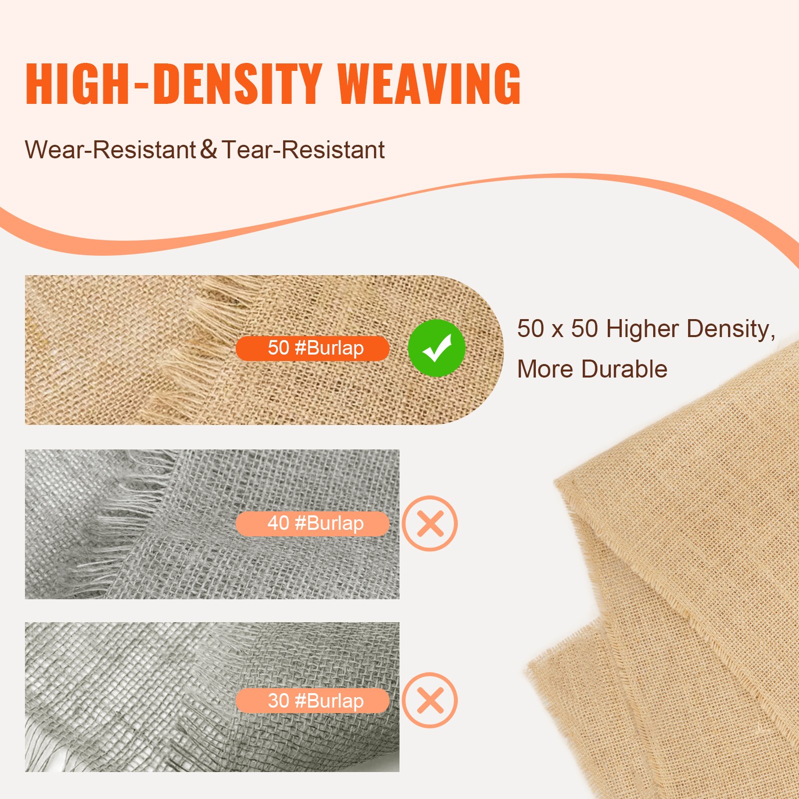 VEVOR Jute Stoff, Sackleinen-Stoffrolle, 50x50 hochdichte breite natürliche Sackleinen-Stoffrollen, 1016mmx9,1m, für Dekoration, Handwerk, Hochzeit, Gartenarbeit, Pflanzen- & Baumwinterabdeckung