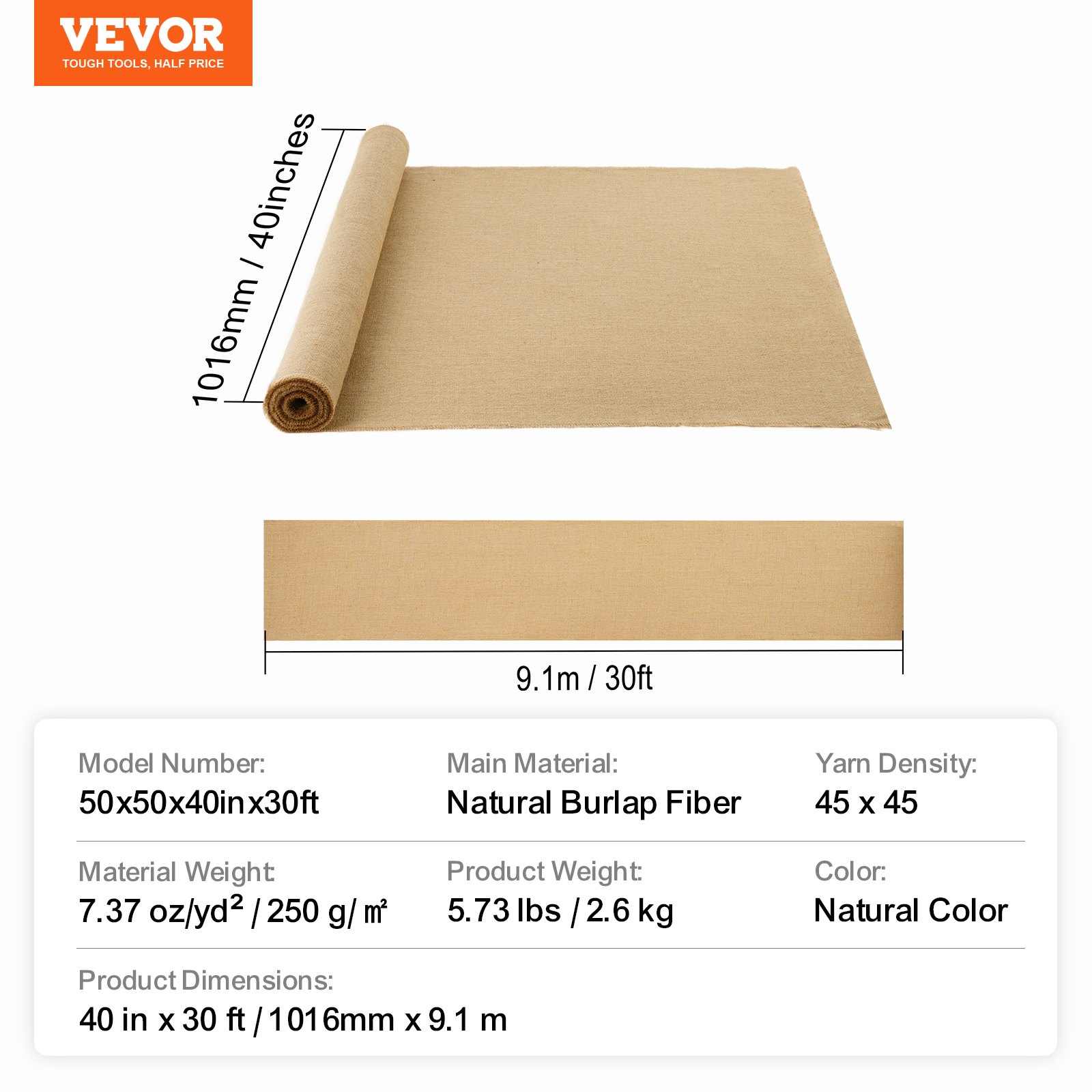 VEVOR Jute Stoff, Sackleinen-Stoffrolle, 50x50 hochdichte breite natürliche Sackleinen-Stoffrollen, 1016mmx9,1m, für Dekoration, Handwerk, Hochzeit, Gartenarbeit, Pflanzen- & Baumwinterabdeckung