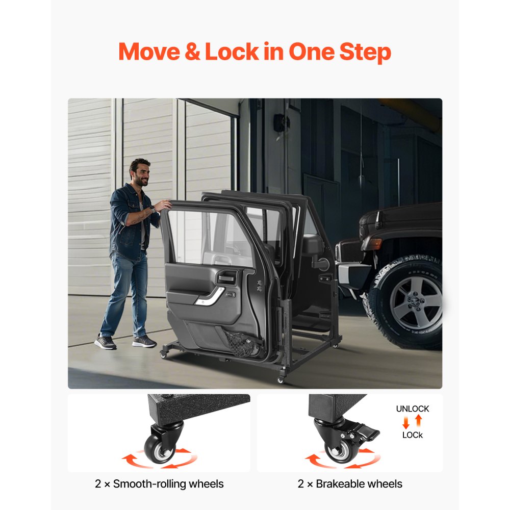 VEVOR Jeep Door Storage Cart (Suitable for 4 Doors) Mobile, Stable Car Door Holder Cart, Fits Jeep Wrangler JK JKU JL Gladiator 2007-2024 Black