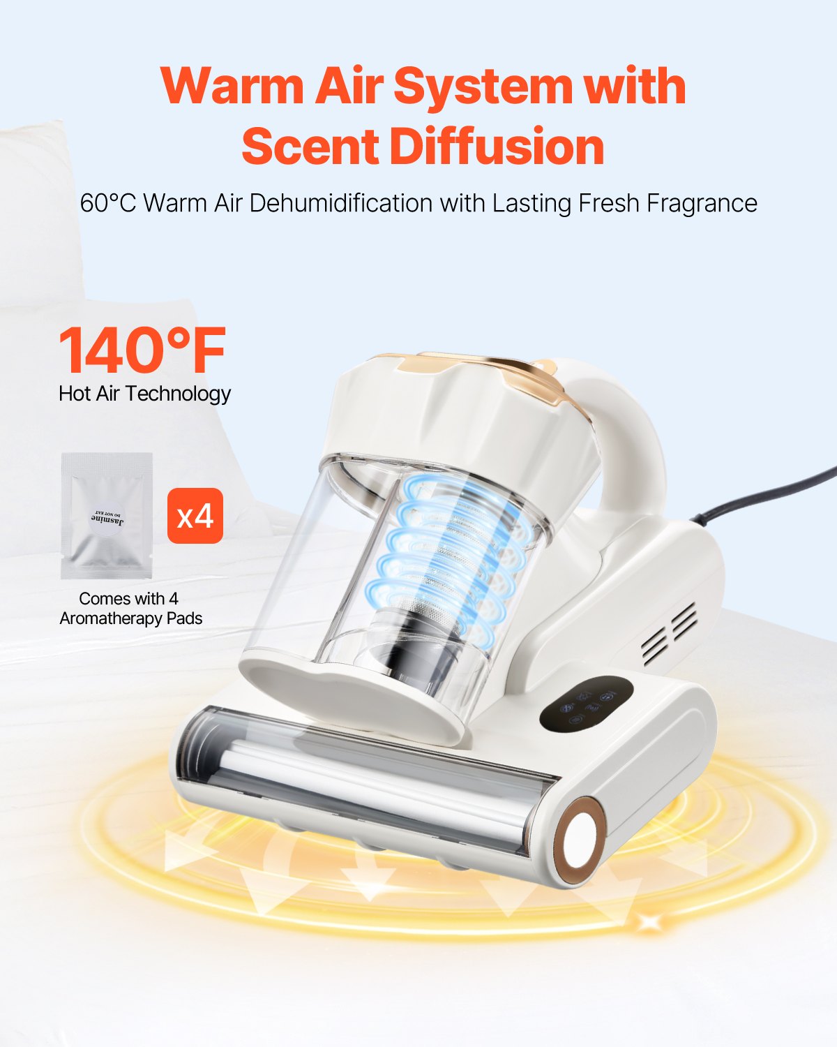 VEVOR Matratzenstaubsauger 550 W Bettstaubsauger mit 18 Kpa Saugleistung & doppeltem Staubbehälter & HEPA-Filter & Heizung & Reinigungslichter, Matratzenreiniger für Bett Sofa kabelgebunden, weiß