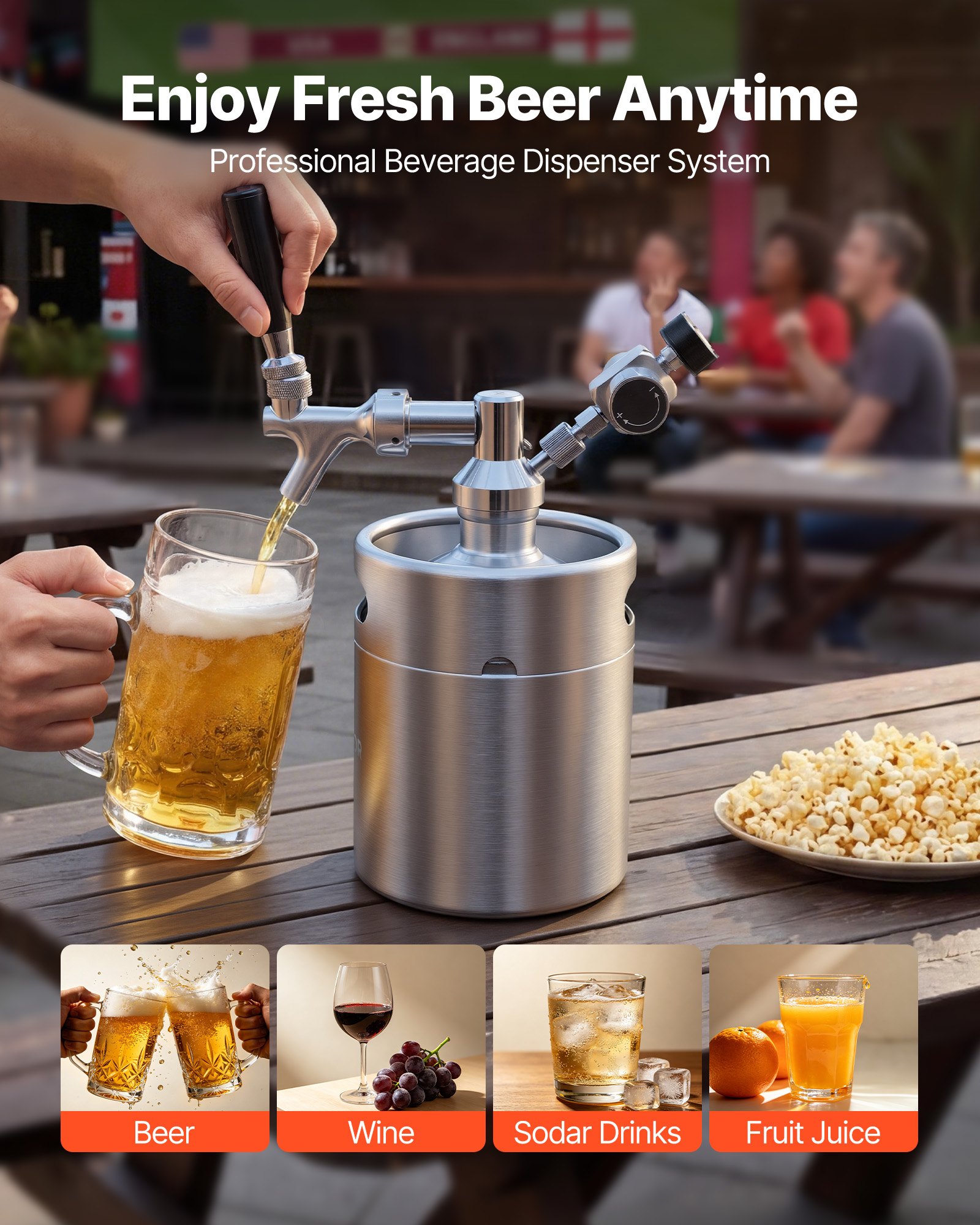VEVOR Mini-Bierzapfanlage mit CO₂-Regler 1,94 L Edelstahl-Bierfass Zapfsystem, mit Selbstschließendem Zapfhahn, CO₂-Drucksystem zum Frischhalten, für Hausgebrautes Bier, Craft Beer, Fassbier und Party