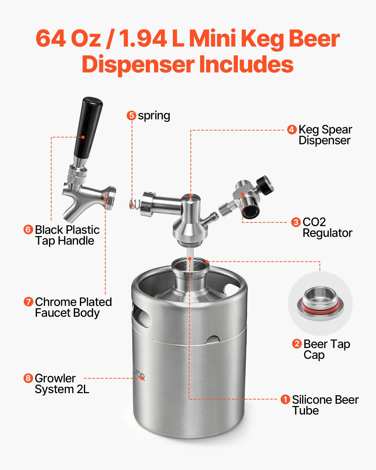VEVOR Mini-Bierzapfanlage mit CO₂-Regler 1,94 L Edelstahl-Bierfass Zapfsystem, mit Selbstschließendem Zapfhahn, CO₂-Drucksystem zum Frischhalten, für Hausgebrautes Bier, Craft Beer, Fassbier und Party