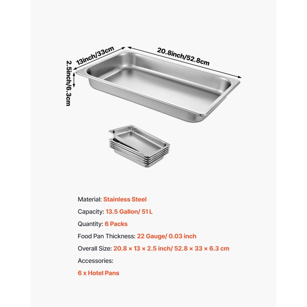 VEVOR Edelstahl Behälter 6 Stück, Speisebehälter Essens Behälter, Antihaft Teller, 537 x 330 x 65 mm kommerzieller Warmhaltebehälter für Speisen, Torten, Aufläufe, Hotelpfanne