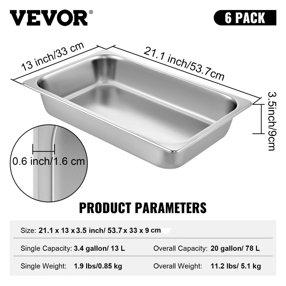 VEVOR Edelstahl Behälter 6 Stk. Speisebehälter Essens Behälter, Antihaft Teller, 537 x 330 x 90 mm kommerzieller Warmhaltebehälter für Speisen, Torten, Aufläufe, Hotelpfanne Tisch Food Pan