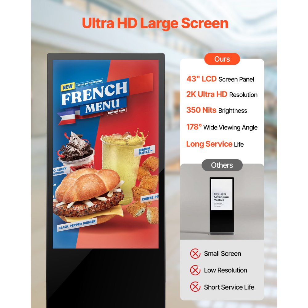 VEVOR digitaler Kundenstopper Werbedisplay Werbeaufsteller (Bildschirmgröße 109 cm), 2 K UHD LCD Bildschirm, 2 GB RAM & 32 GB ROM, Stand-Display mit WiFi USB Eingang Touchscreen-Anzeige