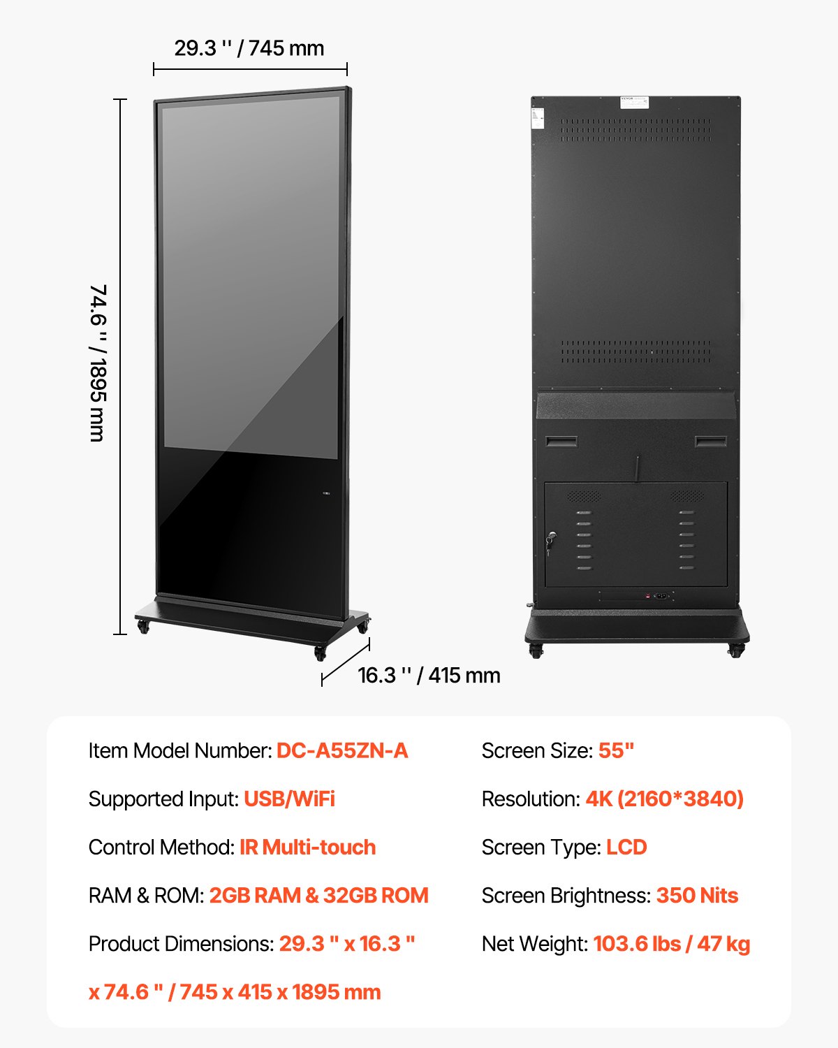 VEVOR digitaler Kundenstopper Werbedisplay Werbeaufsteller (Bildschirmgröße 140 cm), 2 K UHD LCD Bildschirm, 2 GB RAM & 32 GB ROM, Stand-Display mit WiFi HDMI/USB Eingang Touchscreen-Anzeige Schwarz