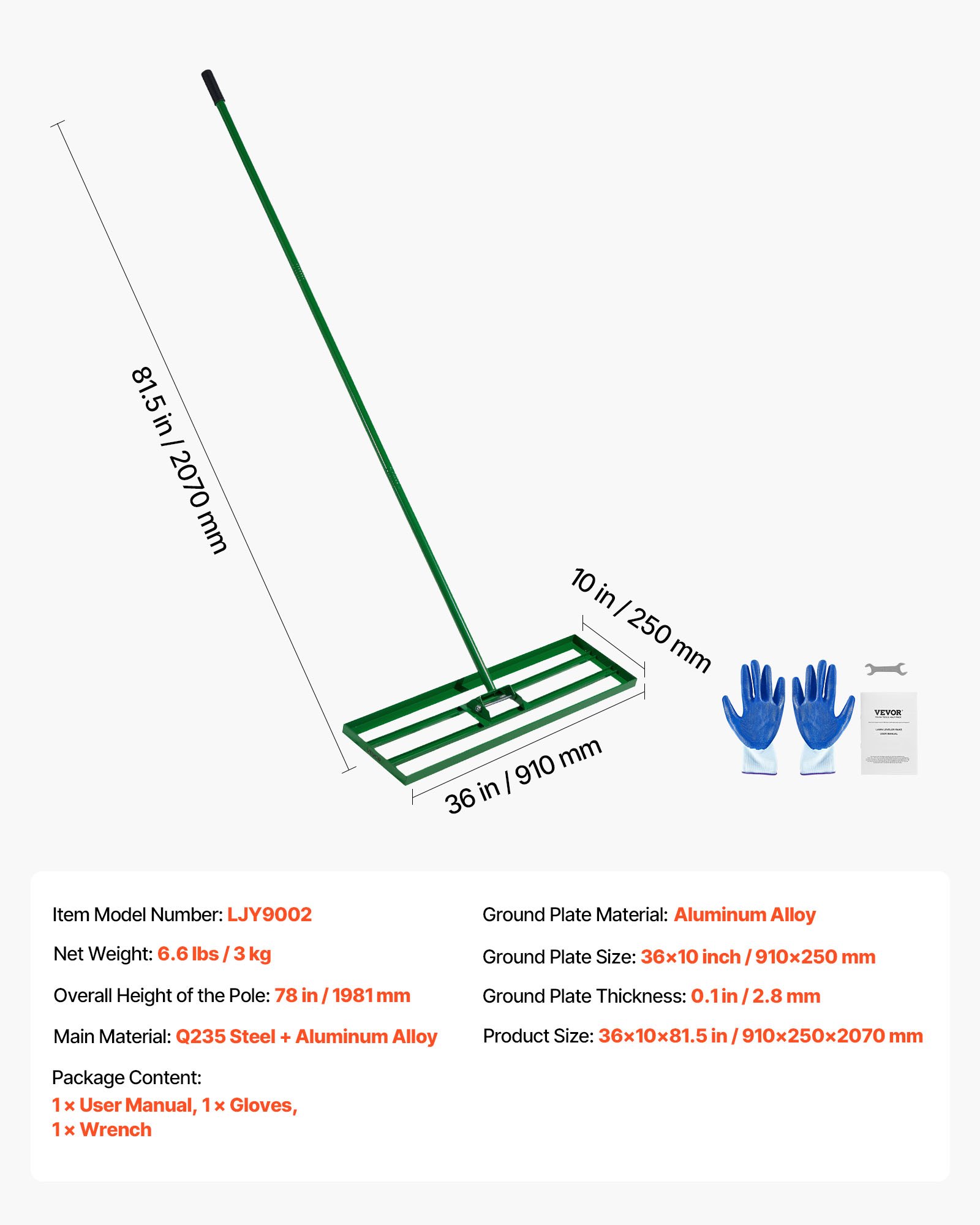 VEVOR Lawn Leveling Rake, 36"x10" Level Lawn Tool, Heavy-duty Lawn Leveler with 78" Steel Extended Handle, Yard Leveling Rake Suit for Garden, Golf Lawn, Farm