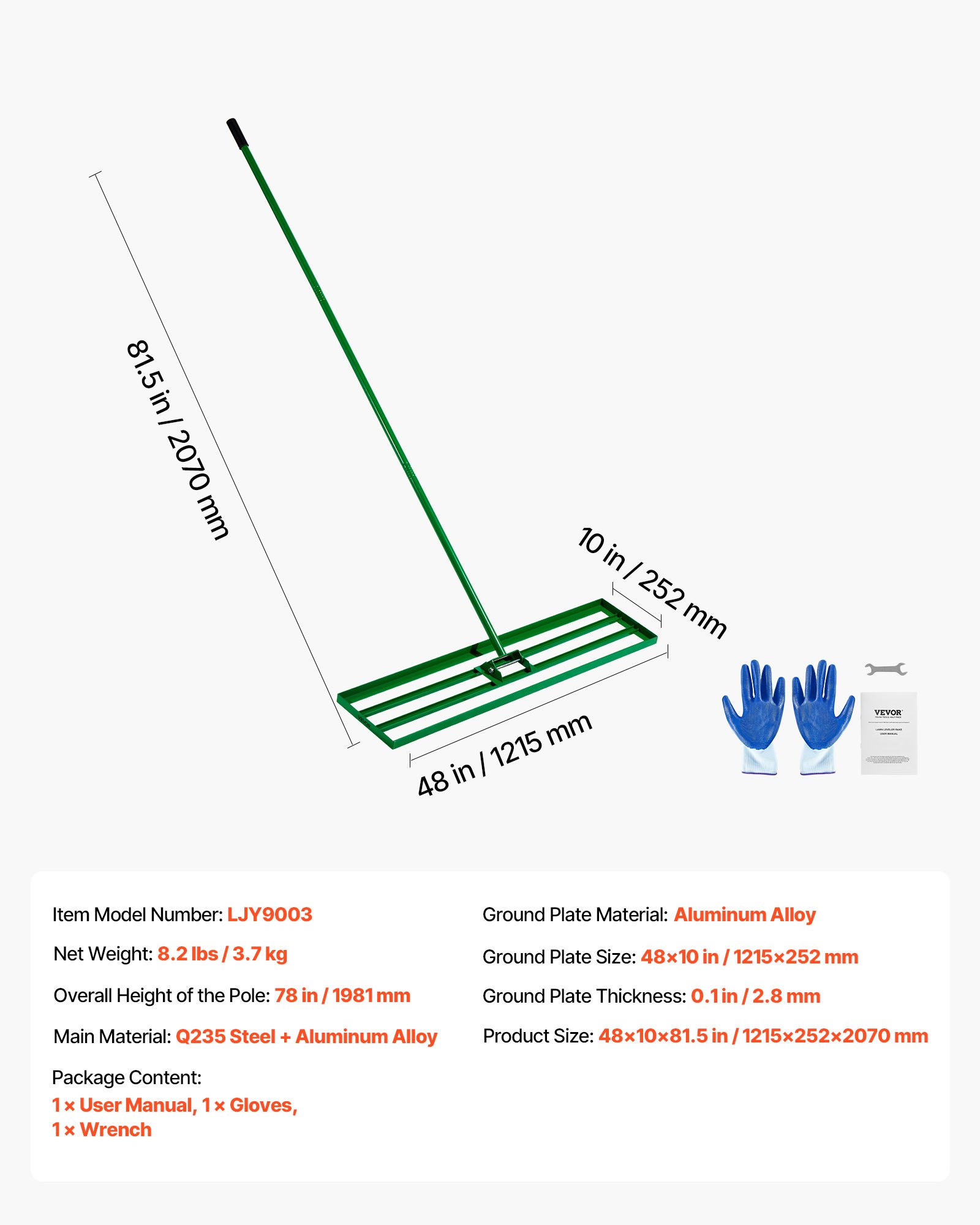 VEVOR Rasen Nivellierrechen 1215x252 mm, Rasenrakel mit 198 cm Langem Stahlstiel, Rasenglätter Inkl. Gartenhandschuhe, Rasennivelliergerät, Geeignet für Garten, Golfrasen & Landwirtschaft