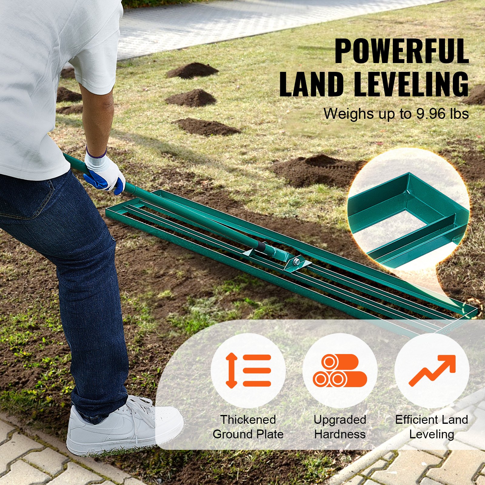 VEVOR Lawn Rake 1219x254mm Base Plate Leveling Tool Aluminum Alloy and Q235 Steel Leveling Rake 1981mm Pole Base Plate Golf Grass Leveling Rake for Leveling Sand, Soil, Compost and Moss