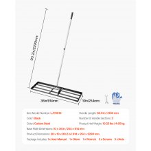 VEVOR Rasenrakel, Levelingrake mit 213 cm Griff, 914x254 mm Bodenplatte, rostbeständiger Nivellierrechen aus Karbonstahl, 3 Höhen verstellbar, Rasennivellierungswerkzeug für den Garten & Golfplätze