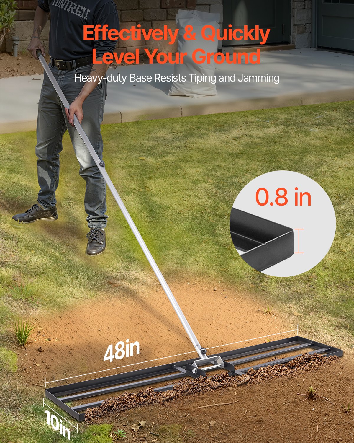 VEVOR Rasennivellierrechen, Levelingrake mit 213 cm Griff, 1219x254 mm Bodenplatte, Nivellierrechen aus Karbonstahl, 2 Höhen verstellbar, Rasennivellierungswerkzeug für den Garten & Golfplätze