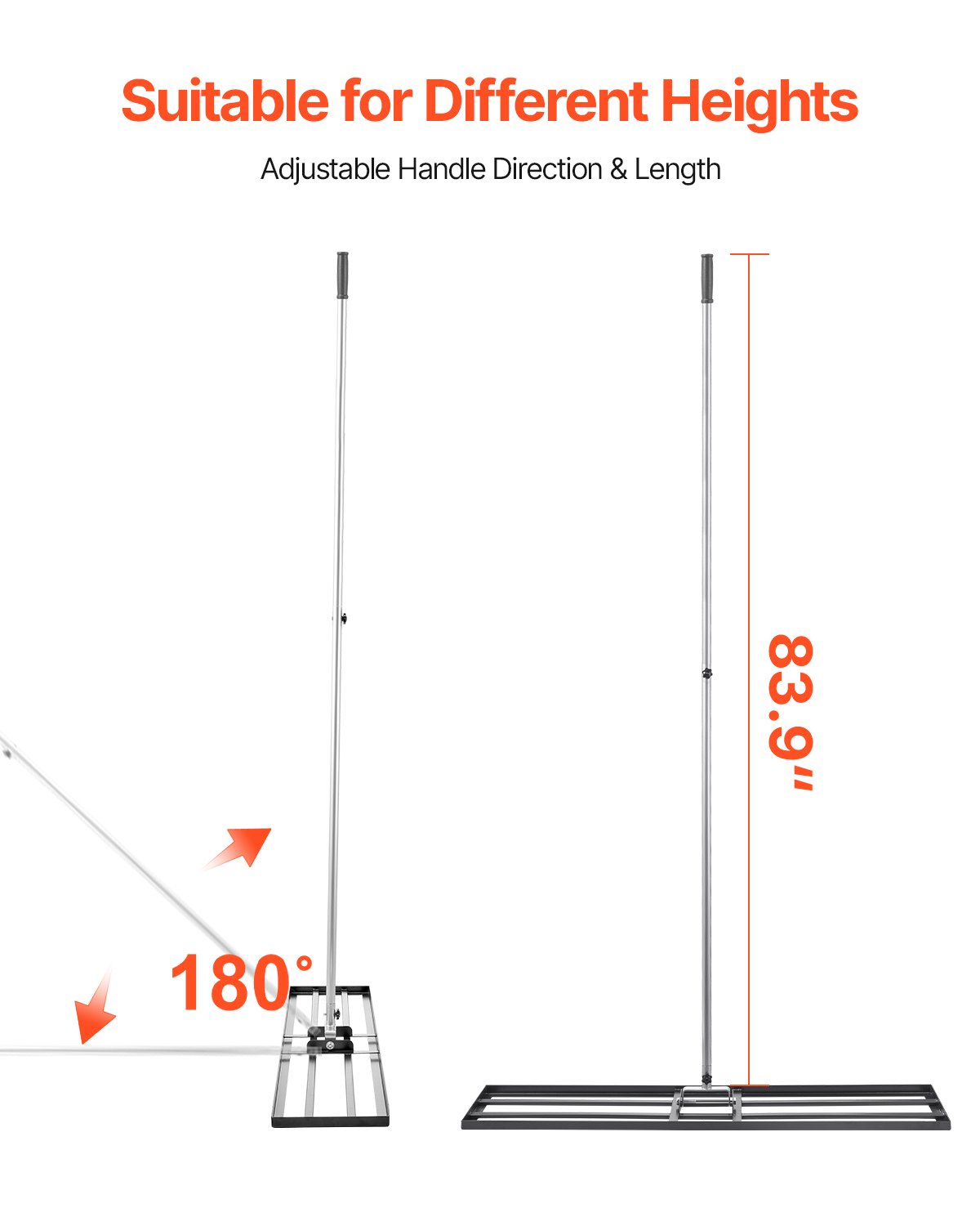 VEVOR Rasennivellierrechen, Levelingrake mit 213 cm Griff, 1219x254 mm Bodenplatte, Nivellierrechen aus Karbonstahl, 2 Höhen verstellbar, Rasennivellierungswerkzeug für den Garten & Golfplätze
