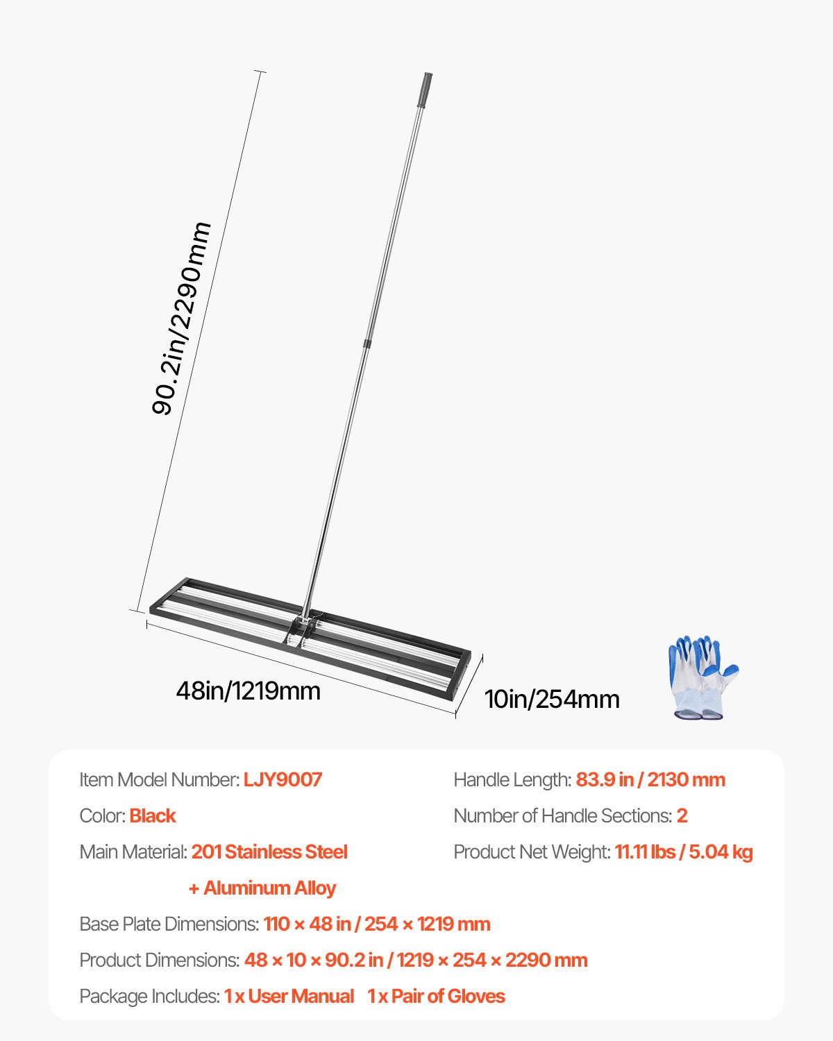 VEVOR Rasenrakel, 254x1219 mm Rasennivellierer mit 213 cm verstellbarem Griff, Levelingrake, robuster Gartennivellierrechen, müheloses Rasennivellierungswerkzeug für den Garten und Golfplätze