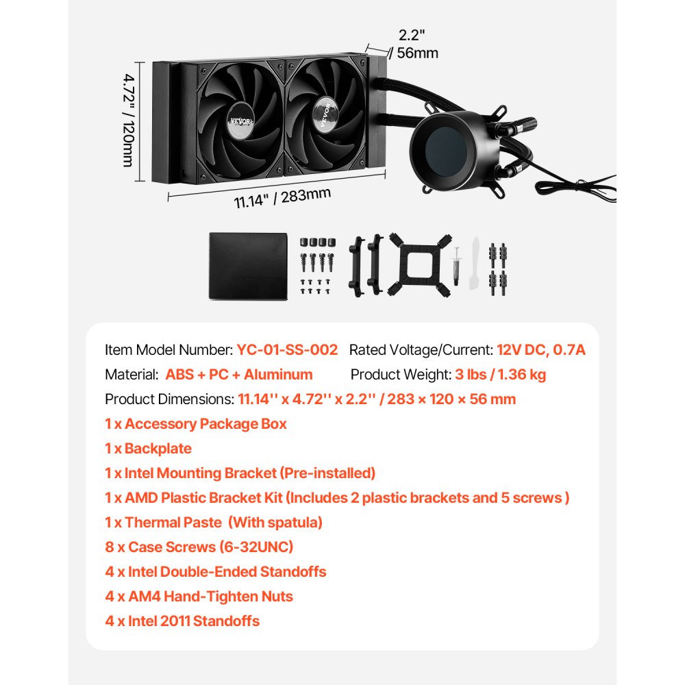 VEVOR Flüssigkeitskühler AIO CPU-Wasserkühler mit 120mm PWN-Lüftern Intel AMD