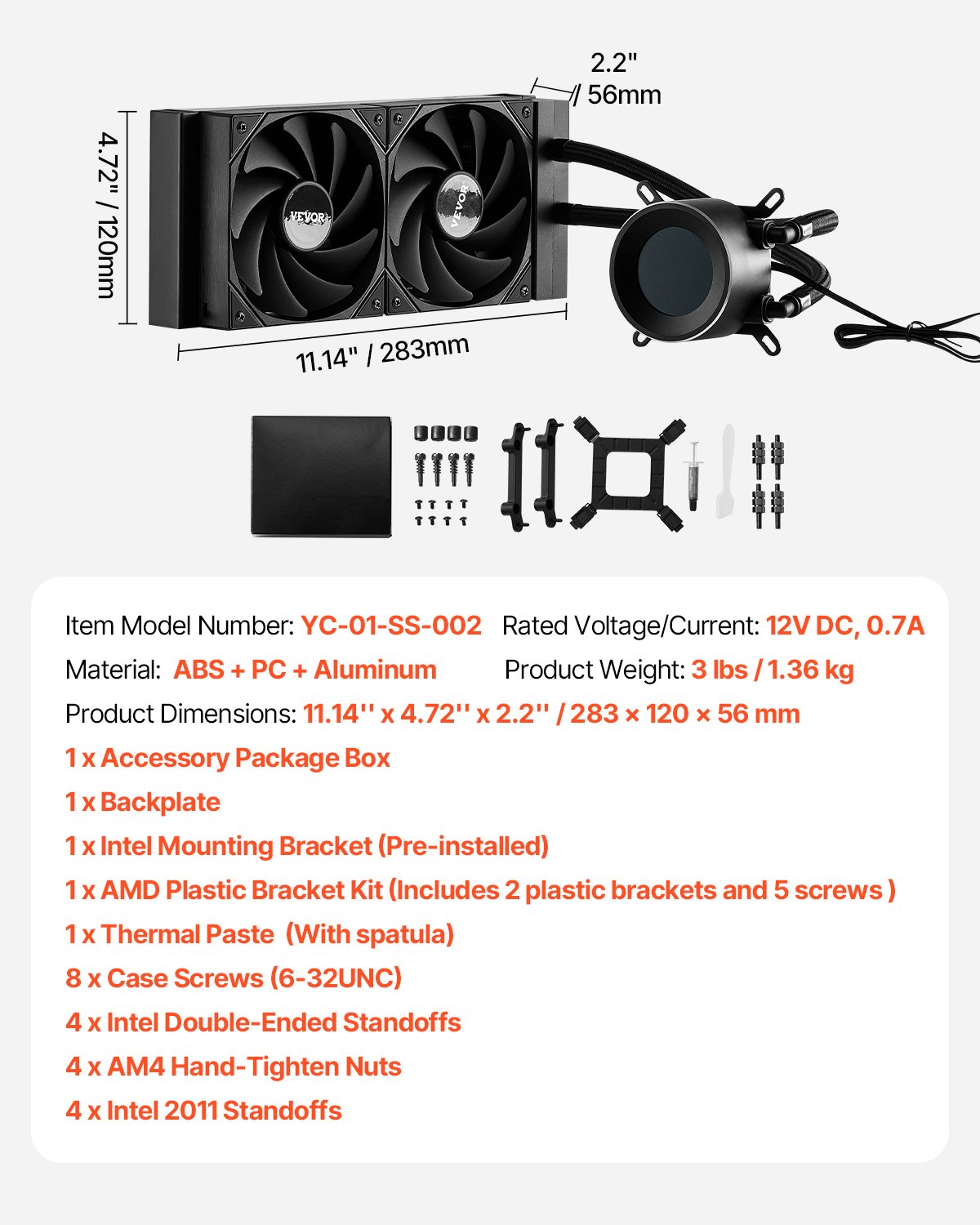 VEVOR Flüssigkeitskühler AIO CPU-Wasserkühler mit 120mm PWN-Lüftern Intel AMD