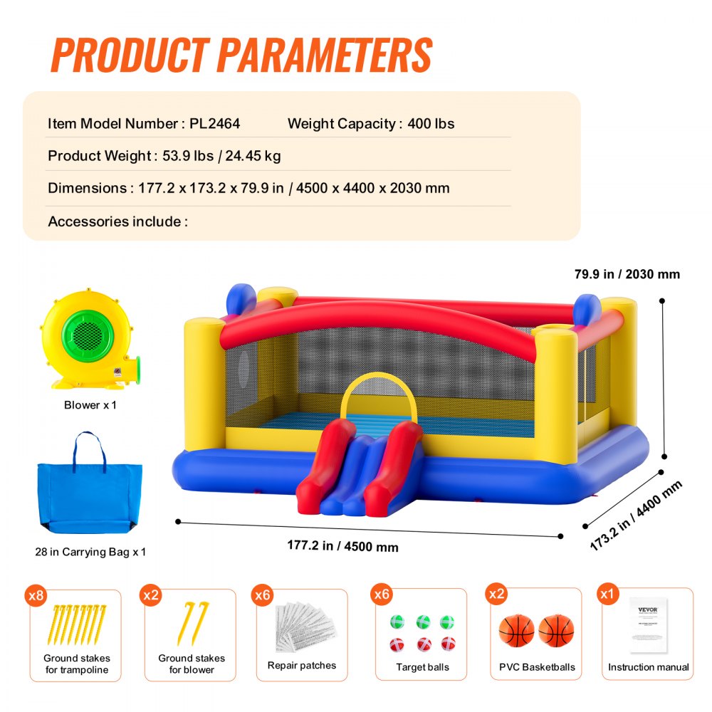 VEVOR Inflatable Bouncy Castle, High-Quality Outdoor Playhouse Trampoline, Bouncy Castle with Blower, Slide and Storage Bag, 450 x 440 x 203 cm Bouncy Castle for the Family Garden