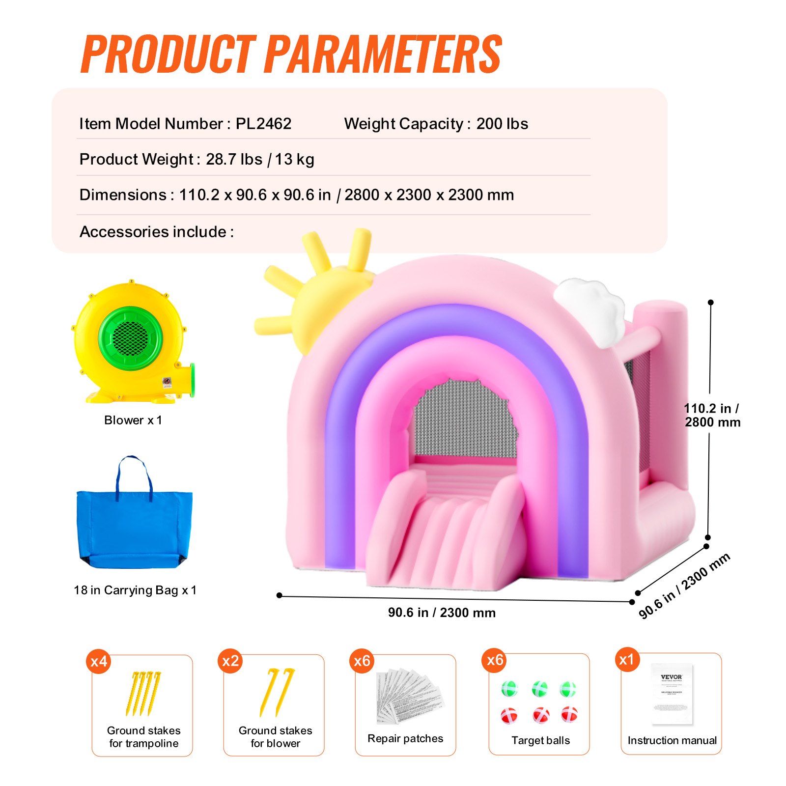 VEVOR Inflatable Bouncy Castle, Indoor/Outdoor Playhouse Trampoline, Children's Bouncy Castle with Blower, Slide, Storage Bag, 280 x 230 x 230 cm Bouncy Castle for the Family Garden