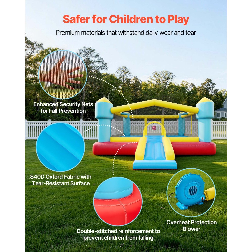 VEVOR Inflatable Bounce House, 14.7 x 13.8 x 6.8 ft Jumping Bouncy Castle, Inflatable Jumper for Kids with Slide, Basketball Hoop, Target Game & Jumping Area, Jumpings House Holds 3-4 Kids (Ages 3-8)