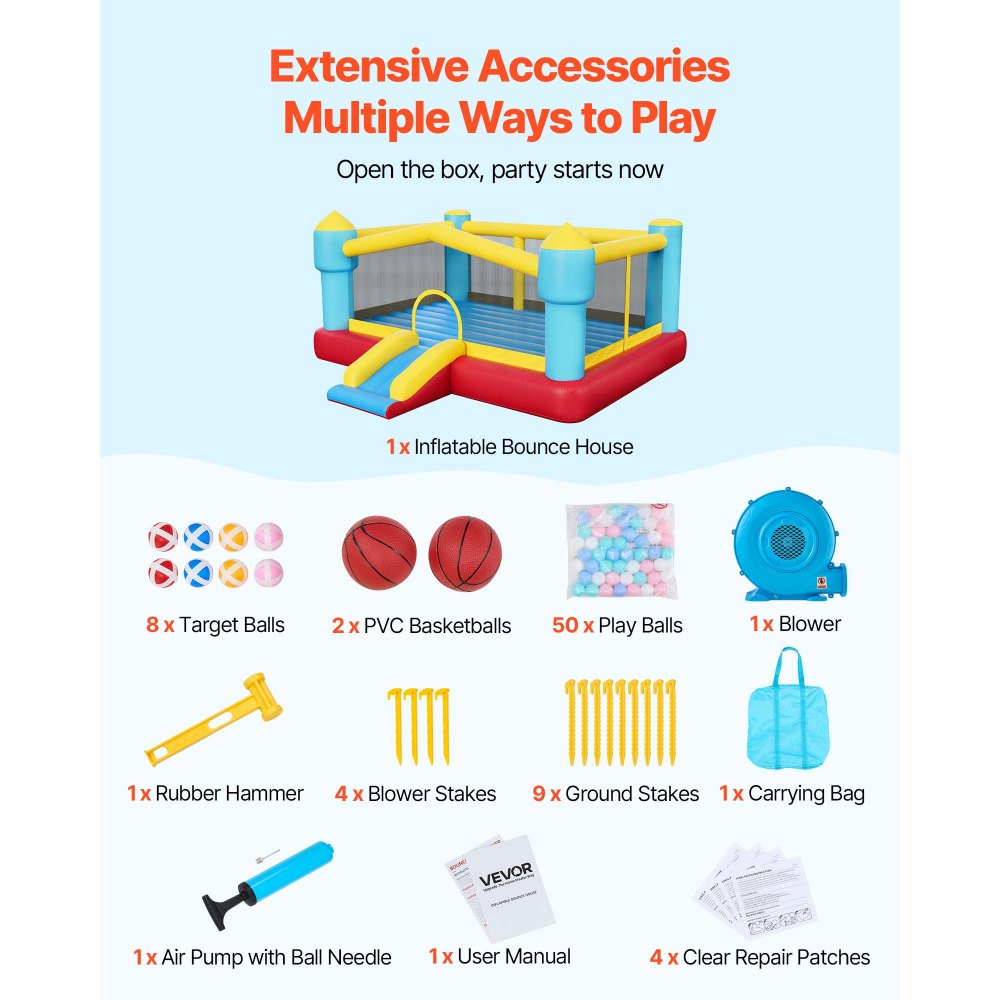 VEVOR Inflatable Bounce House, 14.7 x 13.8 x 6.8 ft Jumping Bouncy Castle, Inflatable Jumper for Kids with Slide, Basketball Hoop, Target Game & Jumping Area, Jumpings House Holds 3-4 Kids (Ages 3-8)