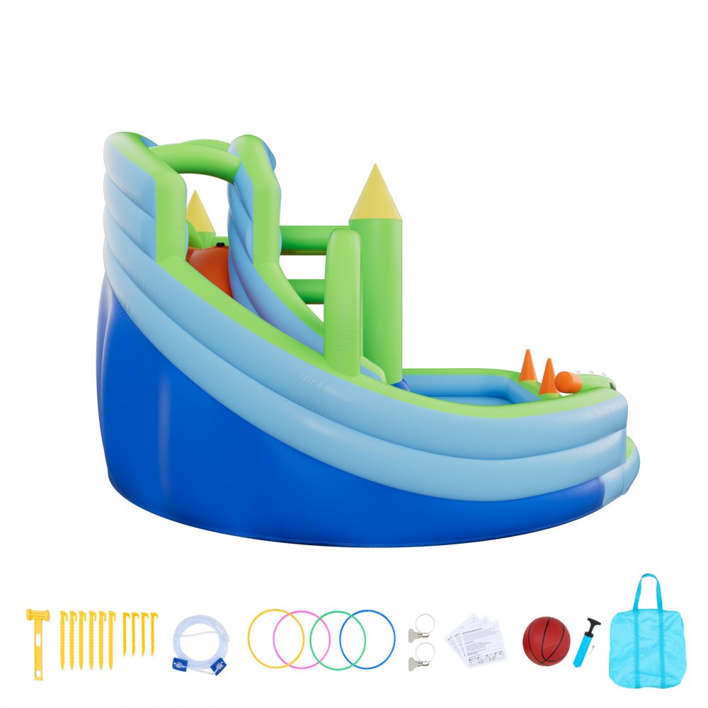 VEVOR Aufblasbare Wasserhüpfburg (344 x 374 x 213 cm), Hüpfburg mit Wasserrutsche & Hüpfburgelementen & Basketballkorb & Planschbecken & Wasserringwurfspiel, für 3–4 Kinder (3 bis 8 Jahre Alt)