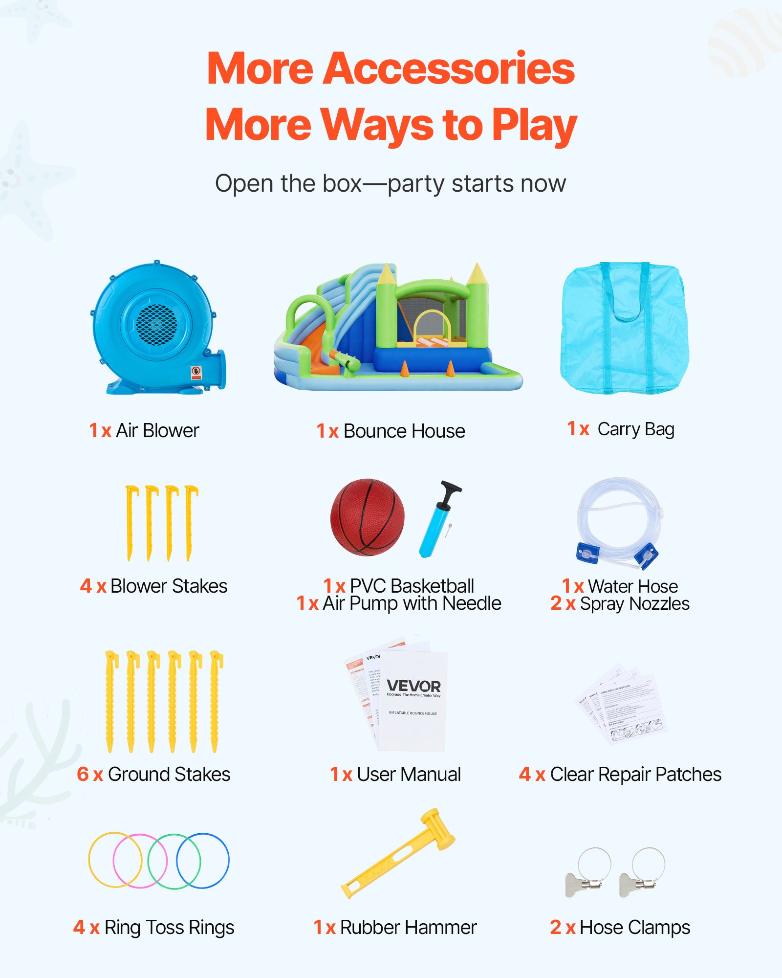 VEVOR Aufblasbare Wasserhüpfburg (344 x 374 x 213 cm), Hüpfburg mit Wasserrutsche & Hüpfburgelementen & Basketballkorb & Planschbecken & Wasserringwurfspiel, für 3–4 Kinder (3 bis 8 Jahre Alt)