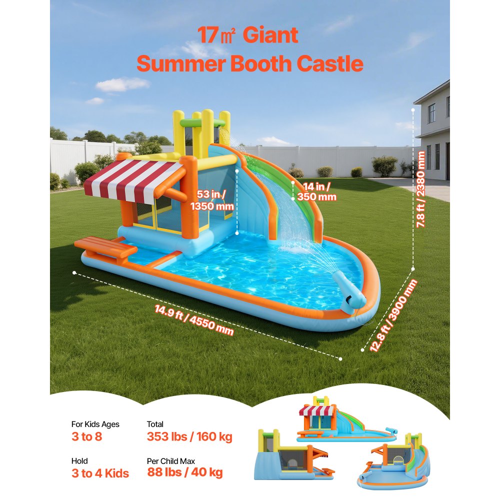 VEVOR Aufblasbare Wasserhüpfburg Outdoor (455 x 390 x 238 cm), Hüpfburg mit Wasserrutsche & Hüpfburgelementen & Hoher Rutsche & Planschbecken & Spielmarktstand, für 3–4 Kinder (3 bis 8 Jahre Alt)