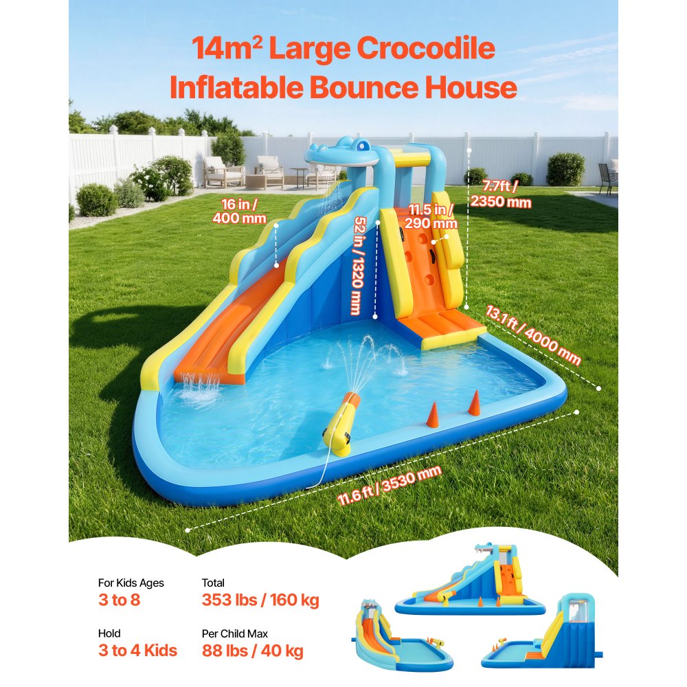 VEVOR Aufblasbare Wasserhüpfburg Outdoor (353 x 400 x 235 cm), Hüpfburg mit Wasserrutsche (Krokodil-Aussehen) & Kletterwand & Planschbecken & Wasserringwurfspiel, für 3–4 Kinder (3 bis 8 Jahre Alt)