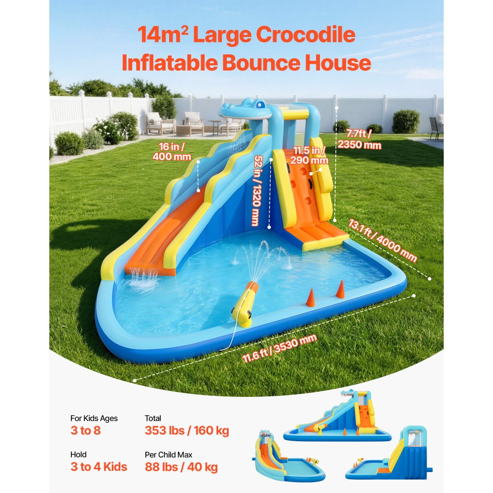 VEVOR Aufblasbare Wasserhüpfburg Outdoor (353 x 400 x 235 cm), Hüpfburg mit Wasserrutsche (Krokodil-Aussehen) & Kletterwand & Planschbecken & Wasserringwurfspiel, für 3–4 Kinder (3 bis 8 Jahre Alt)