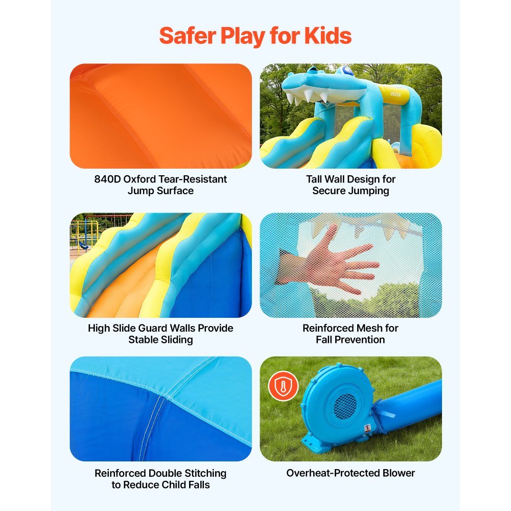 VEVOR Aufblasbare Wasserhüpfburg Outdoor (353 x 400 x 235 cm), Hüpfburg mit Wasserrutsche (Krokodil-Aussehen) & Kletterwand & Planschbecken & Wasserringwurfspiel, für 3–4 Kinder (3 bis 8 Jahre Alt)