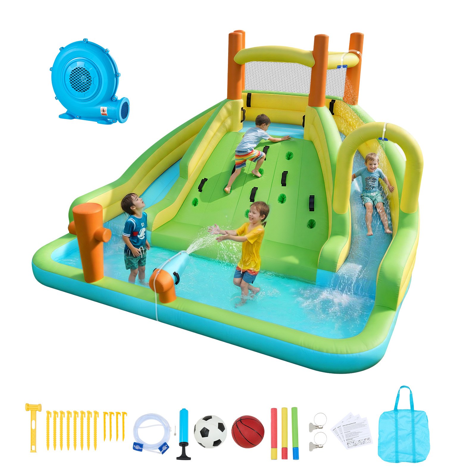 VEVOR Inflatable Bounce House, 13.3 x 11.4 x 8.4 ft Inflatable Bounce House Water Slide, Bouncer Castle with Climbing Wall, Double Tall Slides, Splash Pool & Mini Soccer, for 3 to 4 Kids Ages 3 to 8