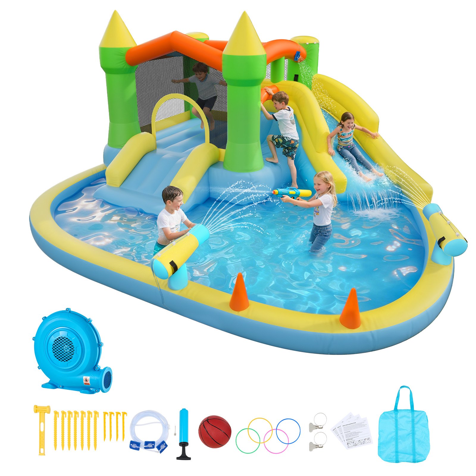 VEVOR Aufblasbare Wasserhüpfburg (382 x 398 x 197 cm), Hüpfburg mit Wasserrutsche & Hüpfburgelementen & Basketballkorb & Planschbecken & Wasserringwurfspiel, für 3–4 Kinder (3 bis 8 Jahre Alt)