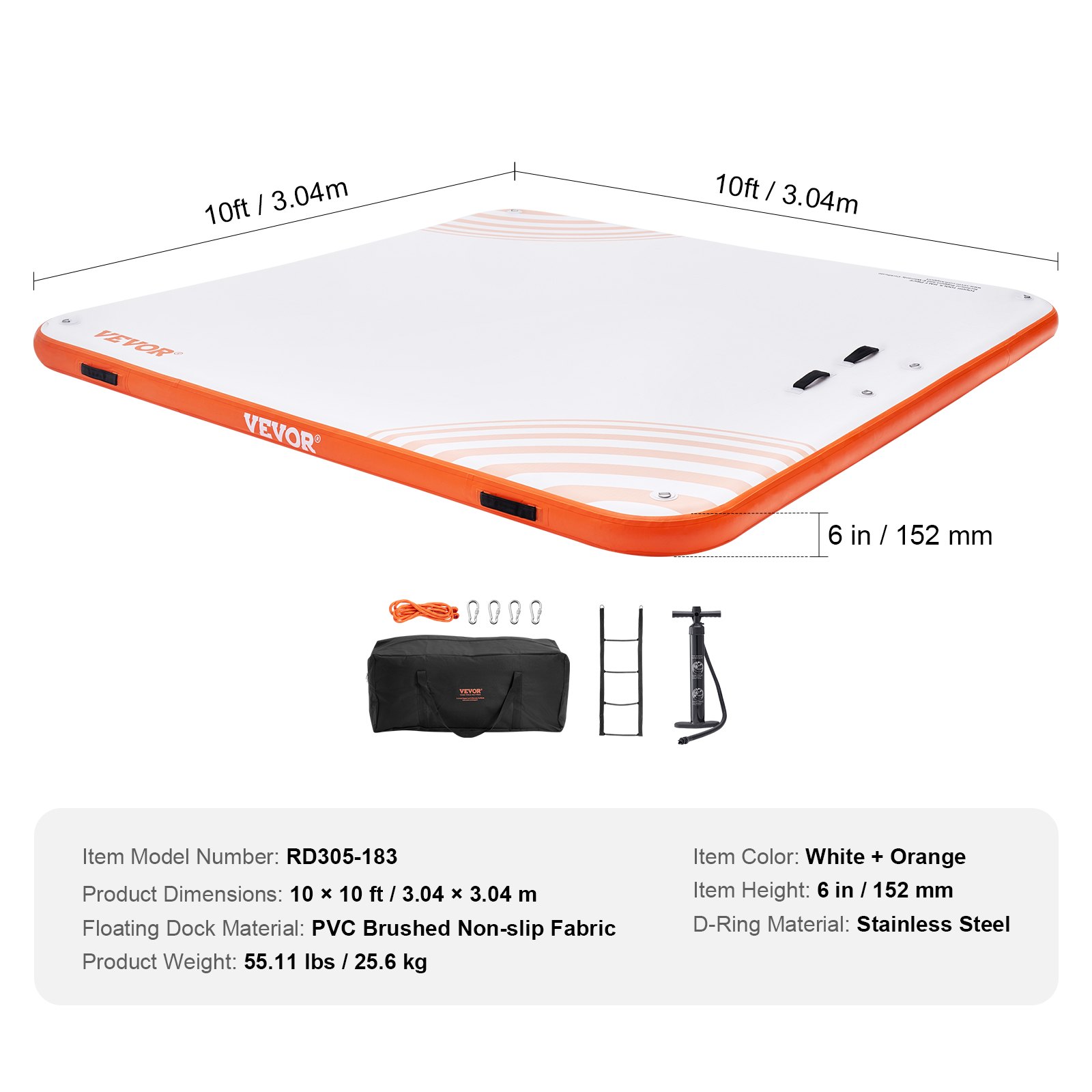 VEVOR Inflatable Floating Dock, 3.04 x 3.04 m, Docking Platform, Non-Slip Water Floating Dock Mat with Portable Carry Bag and Detachable Ladder, Floating Platform Island Raft for Pool, Beach