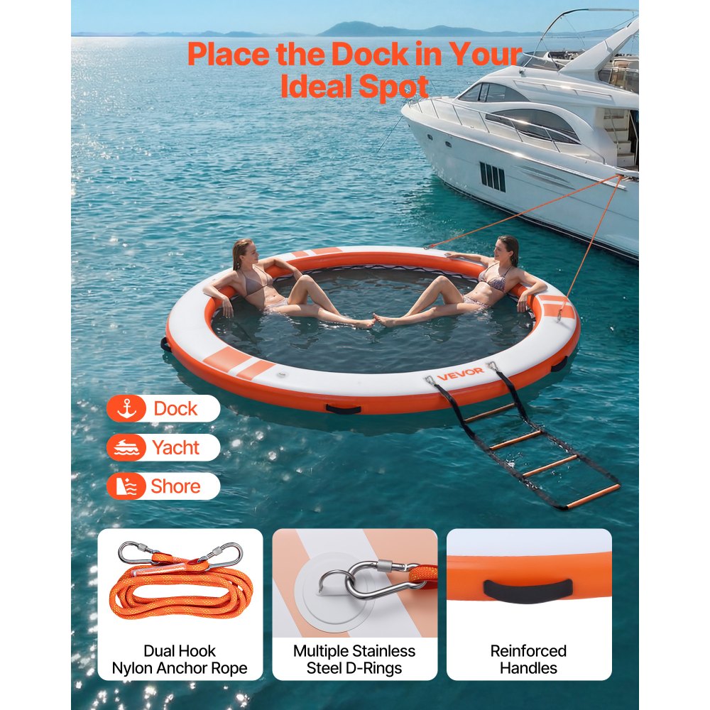 VEVOR Aufblasbares Schwimmdock, φ3,05 m, Schwimmplattform mit Rutschfester Oberfläche, Tragetasche & Abnehmbarer Leiter, Schwimmende Insel, Wasserplattform für Pool, Strand & Meer, Orange