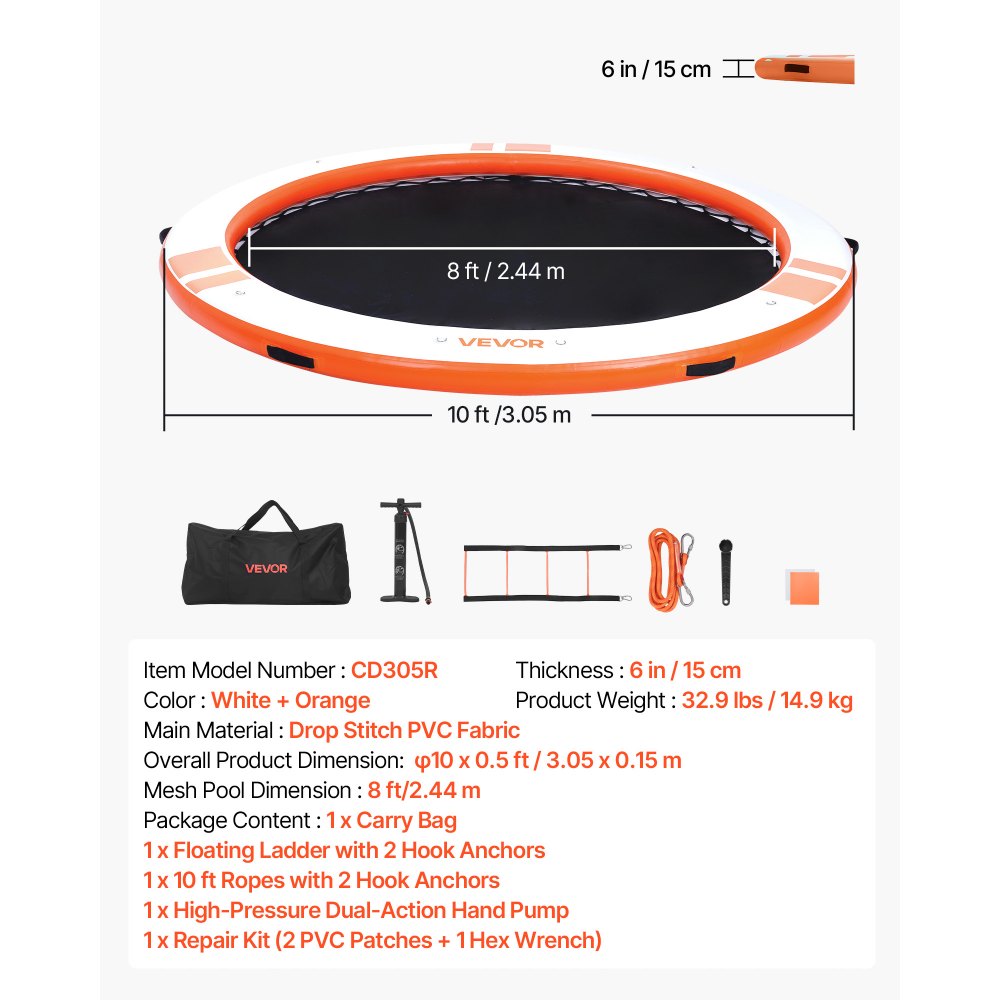 VEVOR Aufblasbares Schwimmdock, φ3,05 m, Schwimmplattform mit Rutschfester Oberfläche, Tragetasche & Abnehmbarer Leiter, Schwimmende Insel, Wasserplattform für Pool, Strand & Meer, Orange