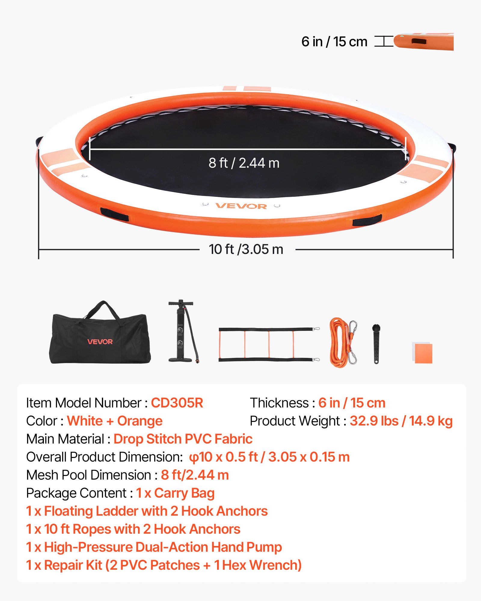 VEVOR Aufblasbares Schwimmdock, φ3,05 m, Schwimmplattform mit Rutschfester Oberfläche, Tragetasche & Abnehmbarer Leiter, Schwimmende Insel, Wasserplattform für Pool, Strand & Meer, Orange