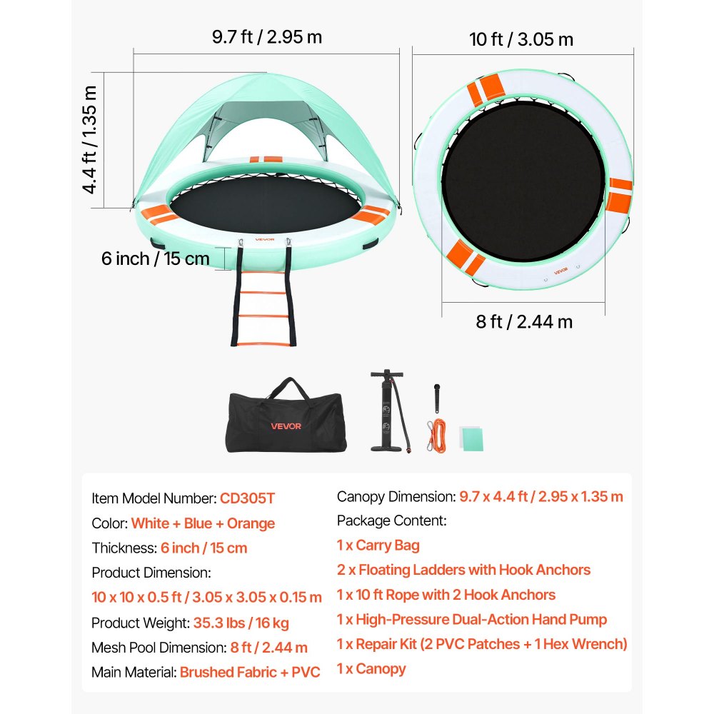 VEVOR Aufblasbares Schwimmdock, φ3,05m, Schwimmplattform mit Rutschfester Oberfläche, Tragetasche, Sonnendach & Abnehmbarer Leiter, Schwimmende Insel, Wasserplattform für Pool, Strand & Meer, Rund