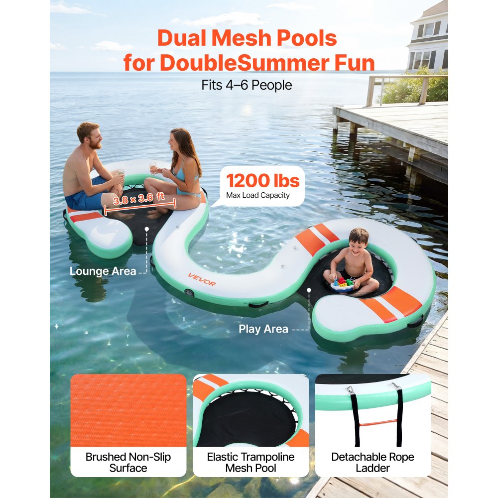 VEVOR Aufblasbares Schwimmdock, 4,57 x 1,83 m, Schwimmplattform mit Rutschfester Oberfläche, Tragetasche & Abnehmbarer Leiter, Schwimmende Insel, Wasserplattform für Pool, Strand & Meer
