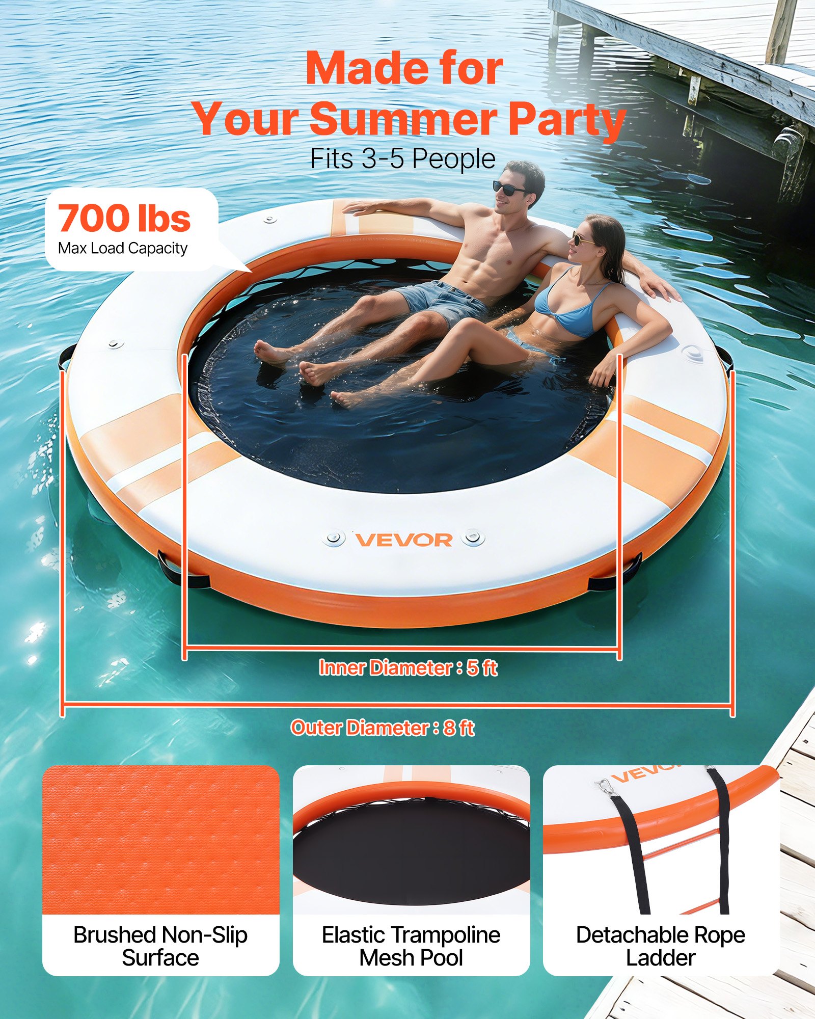 VEVOR Inflatable Floating Dock, 2.44 M Inflatable Dock Platform, Non-Slip Water Air Mat with Portable Carrying Bag & Detachable Ladder, Floating Water Platform Island Raft for Pool Beach Ocean, Orange