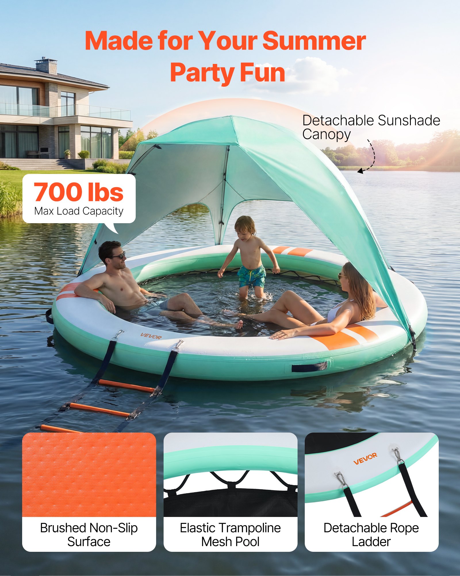 VEVOR Aufblasbares Schwimmdock φ2,44 m, Schwimmplattform mit Rutschfester Oberfläche, Tragetasche, Sonnendach & Abnehmbarer Leiter, Schwimmende Insel, Wasserplattform für Pool, Strand & Meer, Blau