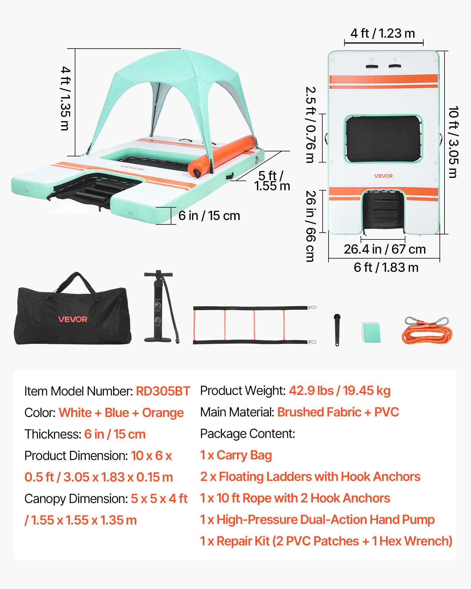 VEVOR Aufblasbares Schwimmdock, 3,05x1,83 m, Schwimmplattform mit Rutschfester Oberfläche, Tragetasche, Sonnendach & Abnehmbarer Leiter, Schwimmende Insel, Wasserplattform für Pool, Strand & Meer