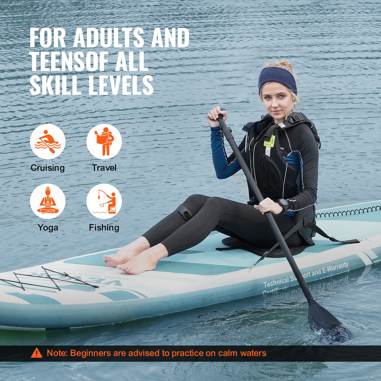 VEVOR Aufblasbares Stand-Up-Paddle-Board, 3230,8 x 838,2 x 152,4 mm PVC SUP-Paddleboard mit Abnehmbarem Kajaksitz, Board-Zubehör, Pumpe, Paddel & Reparaturset, Blau Paddle Set für Jungen & Erwachsene