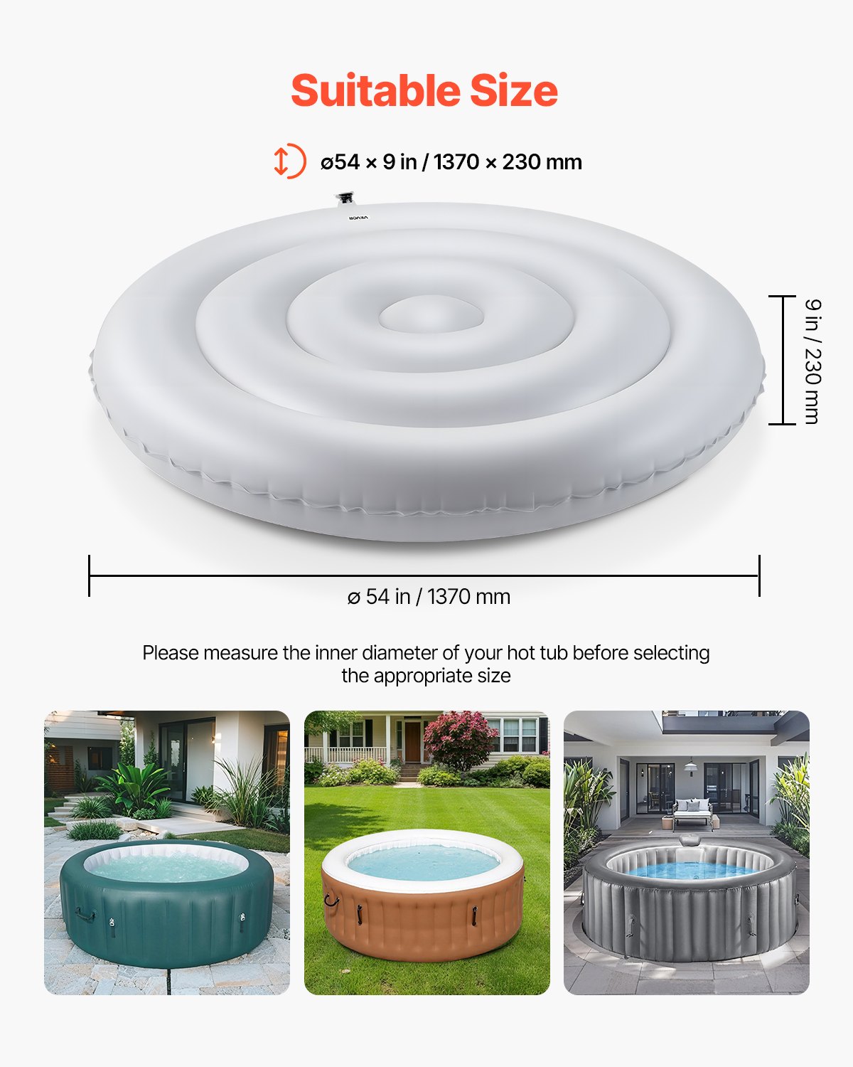 VEVOR Inflatable Cover, 137 cm Round Cover Protector, Insulated Spa Covers, Weatherproof and Waterproof Energy Saving Cover for Outdoor Use, White