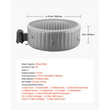 VEVOR Aufblasbare Badewanne für 2 bis 4 Personen (180 x 66 cm), rund & tragbar, mit 110 wohltuenden Düsen & Filter & Abdeckung & Matte & multifunktionalem Bedienfeld, PVC-Spa Pool Outdoor, grau