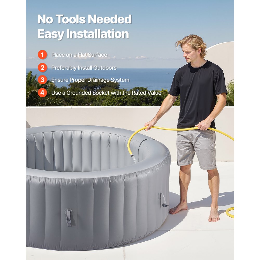 VEVOR aufblasbare Badewanne für 4 bis 6 Personen (208 x 66 cm), rund & tragbar, mit 130 wohltuenden Düsen & Filter & Abdeckung & Matte & multifunktionalem Bedienfeld, PVC Spa-Pool Outdoor, grau