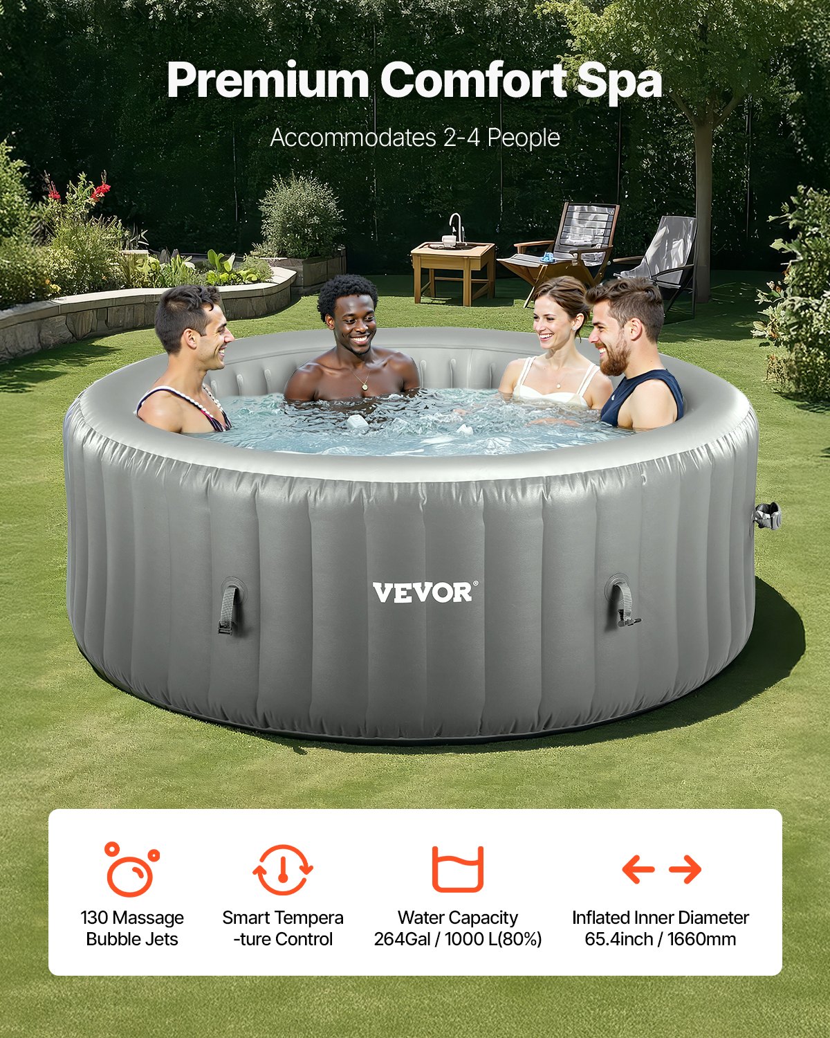 VEVOR aufblasbare Badewanne für 4 bis 6 Personen (208 x 66 cm), rund & tragbar, mit 130 wohltuenden Düsen & Filter & Abdeckung & Matte & multifunktionalem Bedienfeld, PVC Spa-Pool Outdoor, grau
