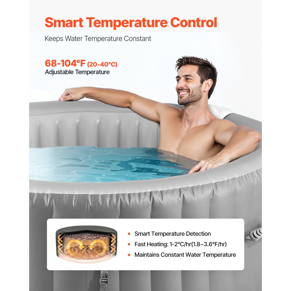 VEVOR aufblasbare Badewanne für 4 bis 6 Personen (208 x 66 cm), rund & tragbar, mit 130 wohltuenden Düsen & Kopfstütze & LED-Licht & Abdeckung & multifunktionalem Bedienfeld, PVC Spa-Pool Outdoor