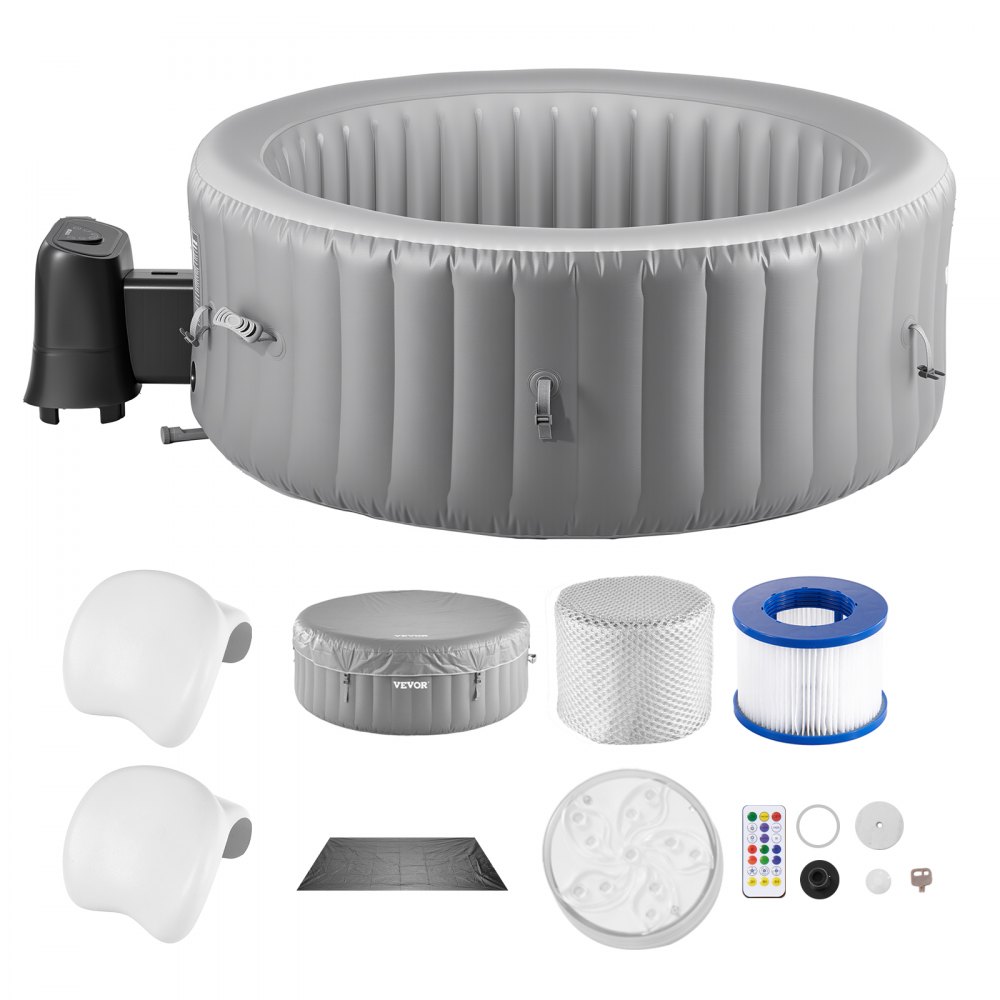 VEVOR aufblasbare Badewanne für 4 bis 6 Personen (208 x 66 cm), rund & tragbar, mit 130 wohltuenden Düsen & Kopfstütze & LED-Licht & Abdeckung & multifunktionalem Bedienfeld, PVC Spa-Pool Outdoor